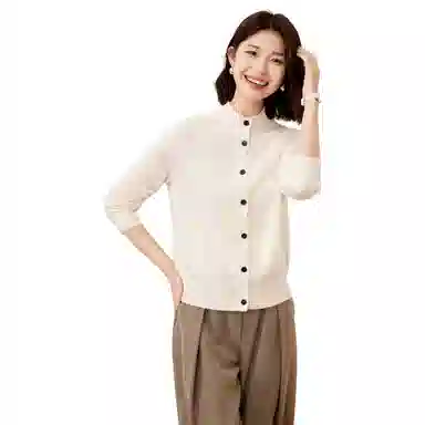 恒源祥 纯色半高领单排扣开衫毛衣 女款