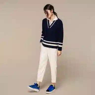 恒源祥 拼色条纹假两件套头针织毛衣 女款