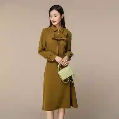 恒源祥 雪纺裙子娃娃领长袖连衣裙 姜黄色