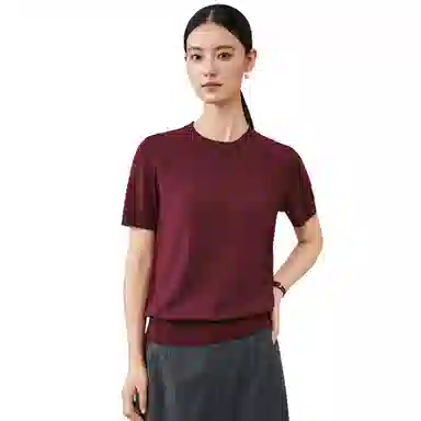 恒源祥 羊毛衫女纯圆领纯色短袖修身针织衫 女款