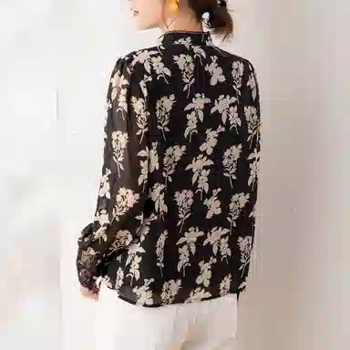 恒源祥 印花拼接花边立领长袖雪纺衫 女款