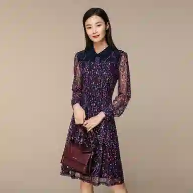 恒源祥 碎花微透网纱雪纺衬衫领高腰长袖连衣裙 道奇蓝