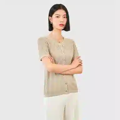 恒源祥 菱格镂空圆领短袖针织衫 女款