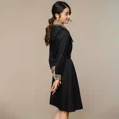 恒源祥 单排扣收腰中长款长袖连衣裙 黑色