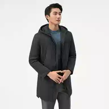 恒源祥 纯色中长款加厚保暖防寒连帽棉服 男款