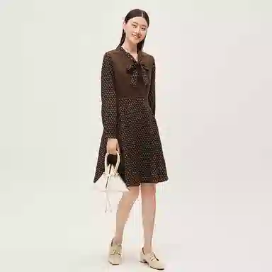 恒源祥 系带领碎花长袖连衣裙 咖啡色