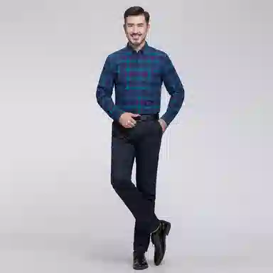 恒源祥 磨毛格子尖领加绒加厚保暖羽绒通勤休闲长袖衬衫 男款