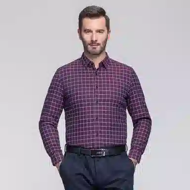 恒源祥 格子加绒加厚保暖方领羽绒长袖衬衫 男款 酒红色