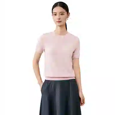 恒源祥 羊毛衫女纯圆领纯色短袖修身针织衫 女款