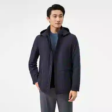 恒源祥 纯色简约可脱卸帽加厚中长款保暖棉服 男款