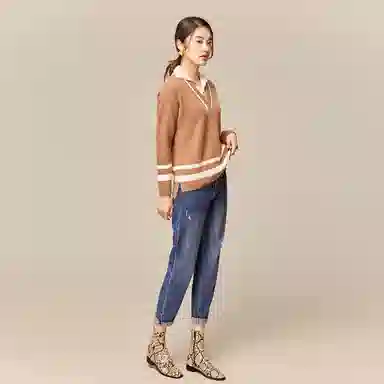 恒源祥 拼色条纹假两件套头针织毛衣 女款