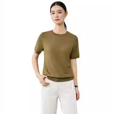 恒源祥 羊毛衫女纯圆领纯色短袖修身针织衫 女款