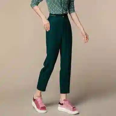 恒源祥 纯色复古高腰九分休闲裤 女款 墨绿色