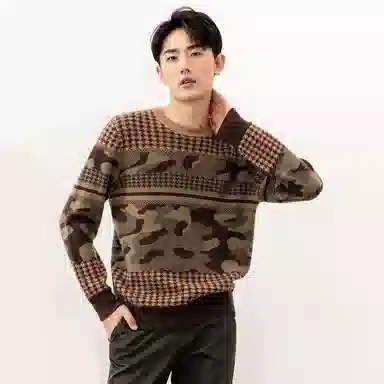 恒源祥 圆领复古撞色提花羊绒衫 男款