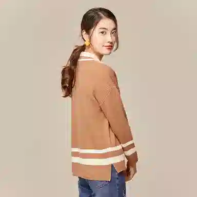 恒源祥 拼色条纹假两件套头针织毛衣 女款