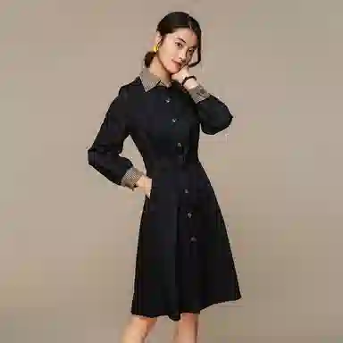 恒源祥 单排扣收腰中长款长袖连衣裙 黑色