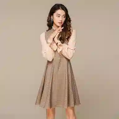 恒源祥 格纹拼接长袖连衣裙 深卡其布色