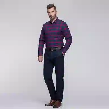 恒源祥 磨毛格子尖领加绒加厚保暖羽绒通勤休闲长袖衬衫 男款