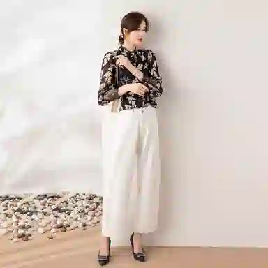 恒源祥 印花拼接花边立领长袖雪纺衫 女款