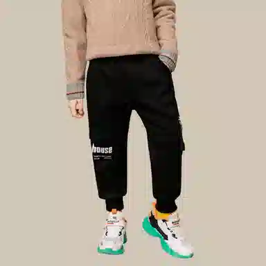 恒源祥 字母印花加绒加厚松紧腰束脚休闲裤 儿童款 黑色