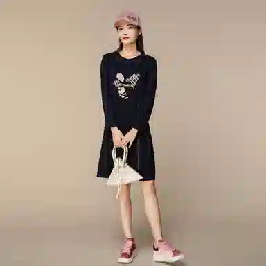 恒源祥 圆领长袖连衣裙 藏青色