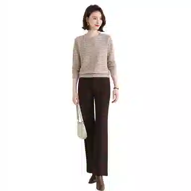 恒源祥 亮丝条纹针织单排扣开衫长袖毛衣 女款