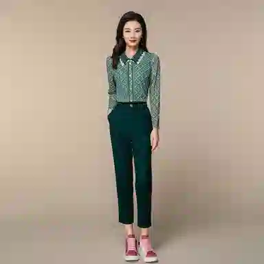 恒源祥 纯色复古高腰九分休闲裤 女款 墨绿色