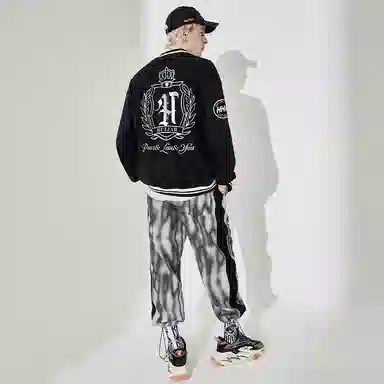 Huzzah Retro Crown Print Knit Baseball Jacket