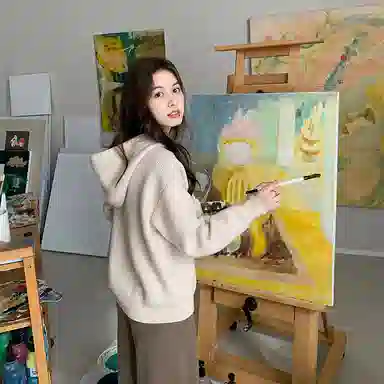 花栗鼠小姐 纯色休闲连帽长袖针织衫 女款