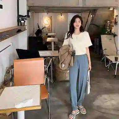 花栗鼠小姐 纯色高腰束脚休闲裤 女款