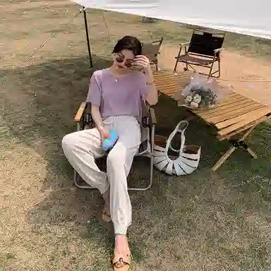 花栗鼠小姐 纯色高腰束脚休闲裤 女款