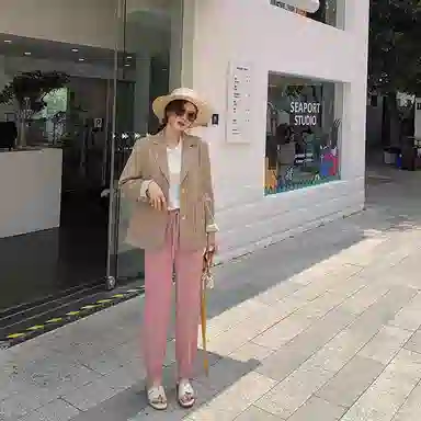 花栗鼠小姐 纯色高腰束脚休闲裤 女款