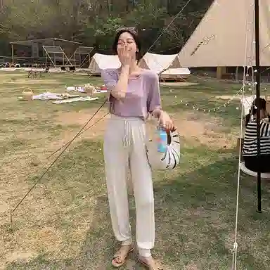 花栗鼠小姐 纯色高腰束脚休闲裤 女款