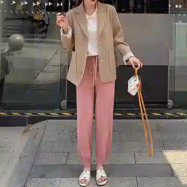 花栗鼠小姐 纯色高腰束脚休闲裤 女款