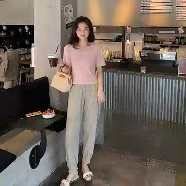 花栗鼠小姐 纯色高腰束脚休闲裤 女款