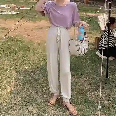 花栗鼠小姐 纯色高腰束脚休闲裤 女款