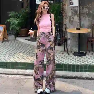 寻星记 美式高街粉色树枝涂鸦印花宽松直筒长裤牛仔裤 男女同款