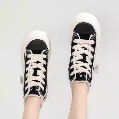 拉夏贝尔 休闲舒适气质百搭厚底增高 高帮 帆布鞋 女款