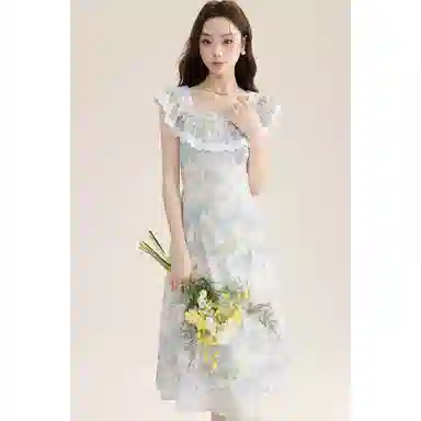 如续 韩系荷叶边褶皱修身短袖连衣裙 女款