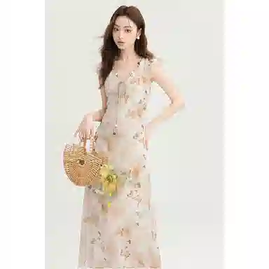 如续 法式复古蝴蝶印花无袖连衣裙 女款