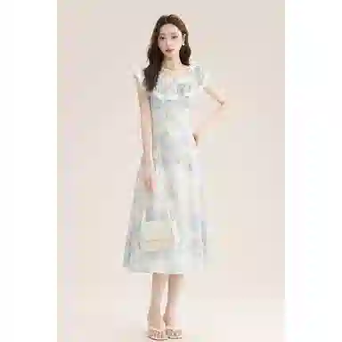 如续 韩系荷叶边褶皱修身短袖连衣裙 女款