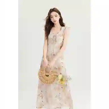 如续 法式复古蝴蝶印花无袖连衣裙 女款