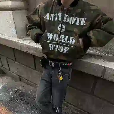 悍戈 复古美式飞行风宽松字母穿舒适时尚百搭夹克外套 男女同款 迷彩双面可穿