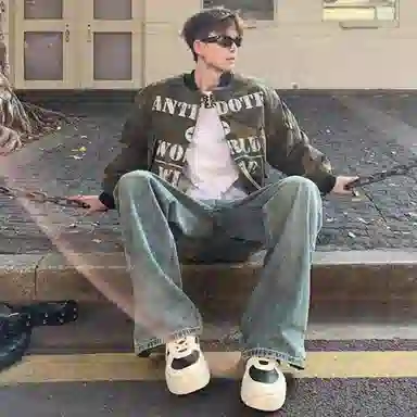 悍戈 复古美式飞行风宽松字母穿舒适时尚百搭夹克外套 男女同款 迷彩双面可穿