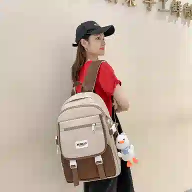 蔻蒂熊 女日系校园简约百搭高中学生初中生上课书包大容量男潮 尼龙布 双肩包 常规 黑色/白黄色/咖色/蓝色/白卡其色