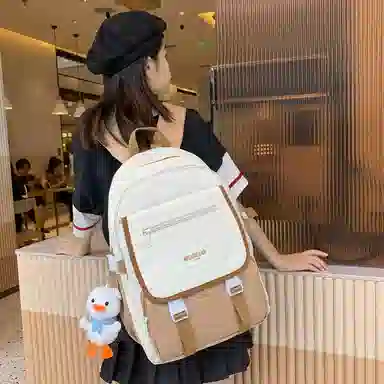 蔻蒂熊 女日系校园简约百搭高中学生初中生上课书包大容量男潮 尼龙布 双肩包 常规 黑色/白黄色/咖色/蓝色/白卡其色