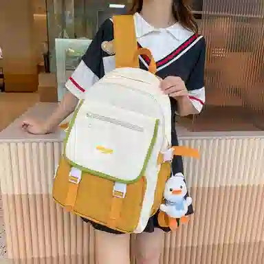 蔻蒂熊 女日系校园简约百搭高中学生初中生上课书包大容量男潮 尼龙布 双肩包 常规 黑色/白黄色/咖色/蓝色/白卡其色