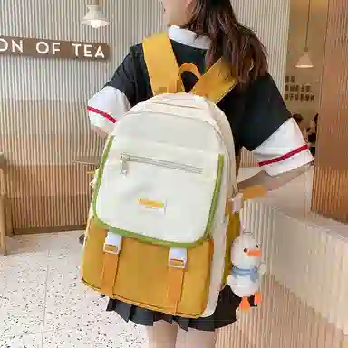 蔻蒂熊 女日系校园简约百搭高中学生初中生上课书包大容量男潮 尼龙布 双肩包 常规 黑色/白黄色/咖色/蓝色/白卡其色