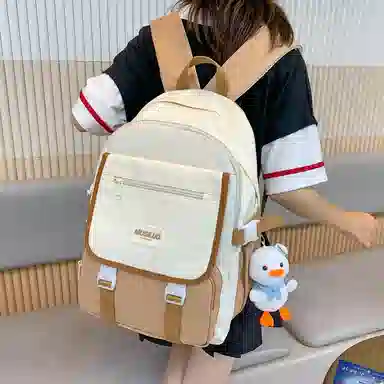 蔻蒂熊 女日系校园简约百搭高中学生初中生上课书包大容量男潮 尼龙布 双肩包 常规 黑色/白黄色/咖色/蓝色/白卡其色