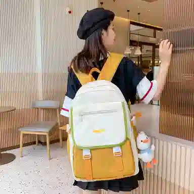 蔻蒂熊 女日系校园简约百搭高中学生初中生上课书包大容量男潮 尼龙布 双肩包 常规 黑色/白黄色/咖色/蓝色/白卡其色